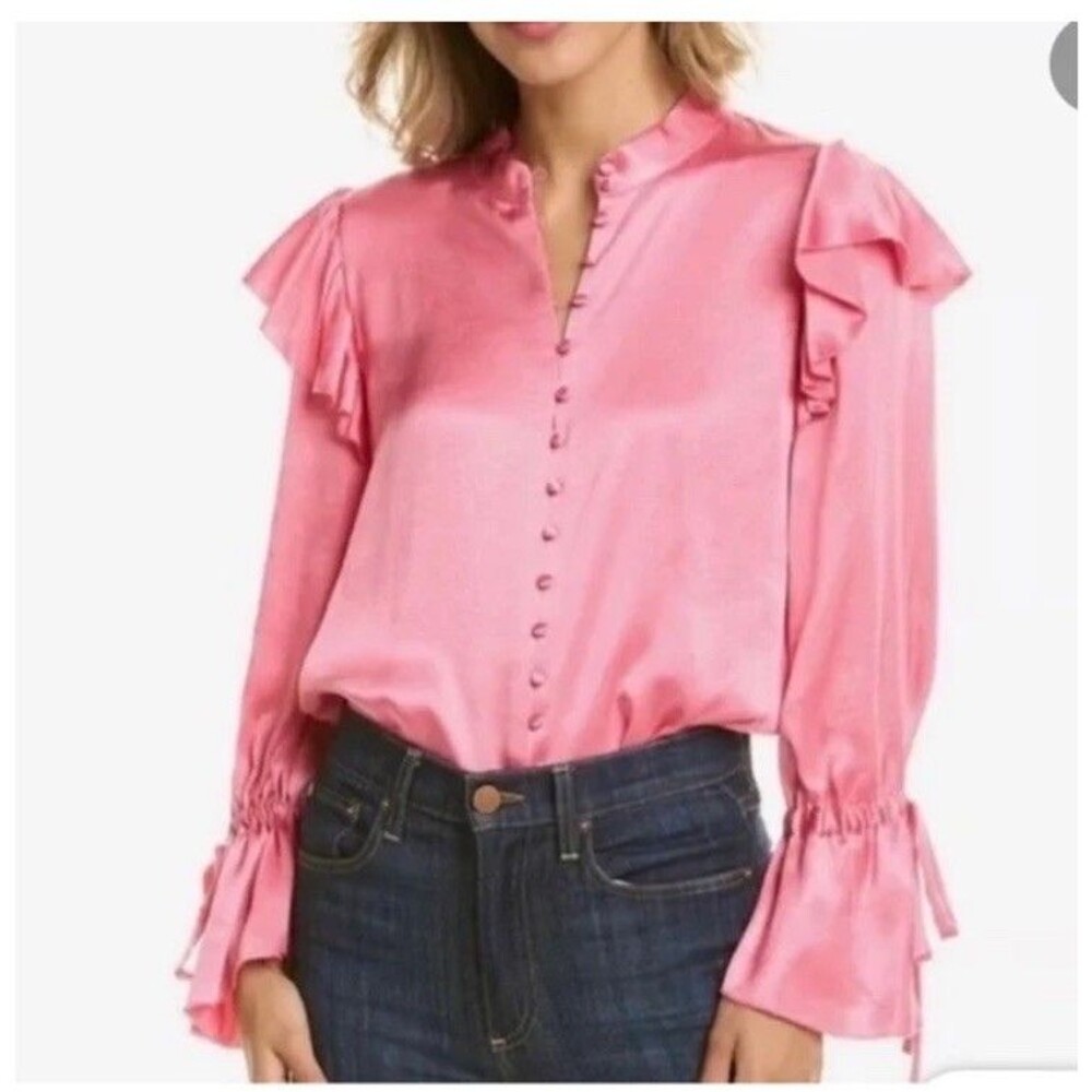 Alice + Olivia Kallie Blouse Pink Satin Mock Neck Ruched Cuff Sz M